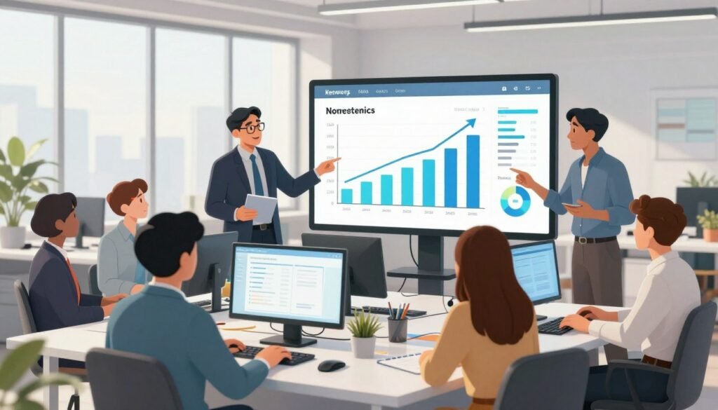 A dynamic and engaging office setting bustling with professionals collaborating on digital marketing strategies. In the foreground, a group of diverse business people, dressed in professional attire, are discussing a graph displaying rising website traffic and conversions, symbolizing SEO benefits. In the middle, a large screen highlights keywords and analytics, while a modern workspace filled with digital devices and marketing materials creates a sense of productivity. The background features a bright, well-lit office with large windows letting in natural light, enhancing the atmosphere of growth and innovation. The mood is optimistic and focused, showcasing the transformative power of SEO for business growth. A dynamic and engaging office setting bustling with professionals collaborating on digital marketing strategies. In the foreground, a group of diverse business people, dressed in professional attire, are discussing a graph displaying rising website traffic and conversions, symbolizing SEO benefits. In the middle, a large screen highlights keywords and analytics, while a modern workspace filled with digital devices and marketing materials creates a sense of productivity. The background features a bright, well-lit office with large windows letting in natural light, enhancing the atmosphere of growth and innovation. The mood is optimistic and focused, showcasing the transformative power of SEO for business growth.