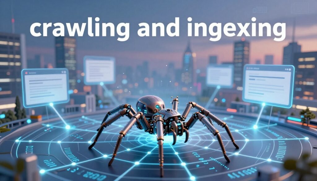 A dynamic visualization of "crawling and indexing" with a focus on search engine technology. In the foreground, a futuristic robotic spider, meticulously designed with intricate metallic details and glowing LED elements, intricately traversing a web made of digital code and data streams. The middle ground shows a vast digital landscape filled with floating information blocks representing web content connected by luminous lines, signifying the process of indexing. In the background, a serene, high-tech cityscape bathed in a soft twilight glow, symbolizing the internet's reach. The lighting is bright and focused on the spider, creating a sense of movement and urgency, with a depth of field emphasizing the foreground. The mood is innovative and engaging, showcasing the complexity and importance of search engine operations in digital marketing. A dynamic visualization of "crawling and indexing" with a focus on search engine technology. In the foreground, a futuristic robotic spider, meticulously designed with intricate metallic details and glowing LED elements, intricately traversing a web made of digital code and data streams. The middle ground shows a vast digital landscape filled with floating information blocks representing web content connected by luminous lines, signifying the process of indexing. In the background, a serene, high-tech cityscape bathed in a soft twilight glow, symbolizing the internet's reach. The lighting is bright and focused on the spider, creating a sense of movement and urgency, with a depth of field emphasizing the foreground. The mood is innovative and engaging, showcasing the complexity and importance of search engine operations in digital marketing.