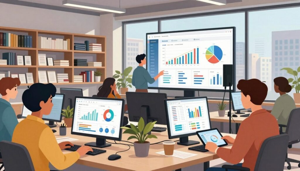 A modern, professional SEO agency workspace dedicated to ecommerce optimization. In the foreground, a diverse team of professionals in smart-casual attire analyzes data on computers and tablets, focusing on vibrant charts and graphs. The middle section features a large screen displaying SEO analytics, including keyword trends and website performance metrics, bathed in soft, natural light. The background showcases shelves filled with ecommerce books and digital marketing materials, creating an atmosphere of knowledge and expertise. A large window reveals a bustling cityscape outside, adding to the lively yet focused environment. The composition should have a bright, welcoming vibe, emphasizing collaboration and innovation in online retail search optimization. Focused lighting from overhead, slightly angled to enhance engagement among team members. A modern, professional SEO agency workspace dedicated to ecommerce optimization. In the foreground, a diverse team of professionals in smart-casual attire analyzes data on computers and tablets, focusing on vibrant charts and graphs. The middle section features a large screen displaying SEO analytics, including keyword trends and website performance metrics, bathed in soft, natural light. The background showcases shelves filled with ecommerce books and digital marketing materials, creating an atmosphere of knowledge and expertise. A large window reveals a bustling cityscape outside, adding to the lively yet focused environment. The composition should have a bright, welcoming vibe, emphasizing collaboration and innovation in online retail search optimization. Focused lighting from overhead, slightly angled to enhance engagement among team members.