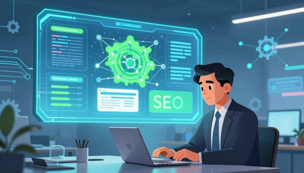 A modern, sleek office environment showcasing technical SEO concepts. In the foreground, a confident business professional in business attire analyzes data on a laptop, focused on website metrics. The middle layer features a large digital screen displaying visualizations of algorithms, site maps, and indexed pages, radiating a vibrant blue and green glow. The background is filled with abstract representations of networks and connections, symbolizing fast indexing and discovery, with gears and circuit patterns subtly visible. The lighting is bright and energetic, with a futuristic feel, creating a sense of urgency and innovation. The atmosphere conveys professionalism and a cutting-edge approach to SEO.