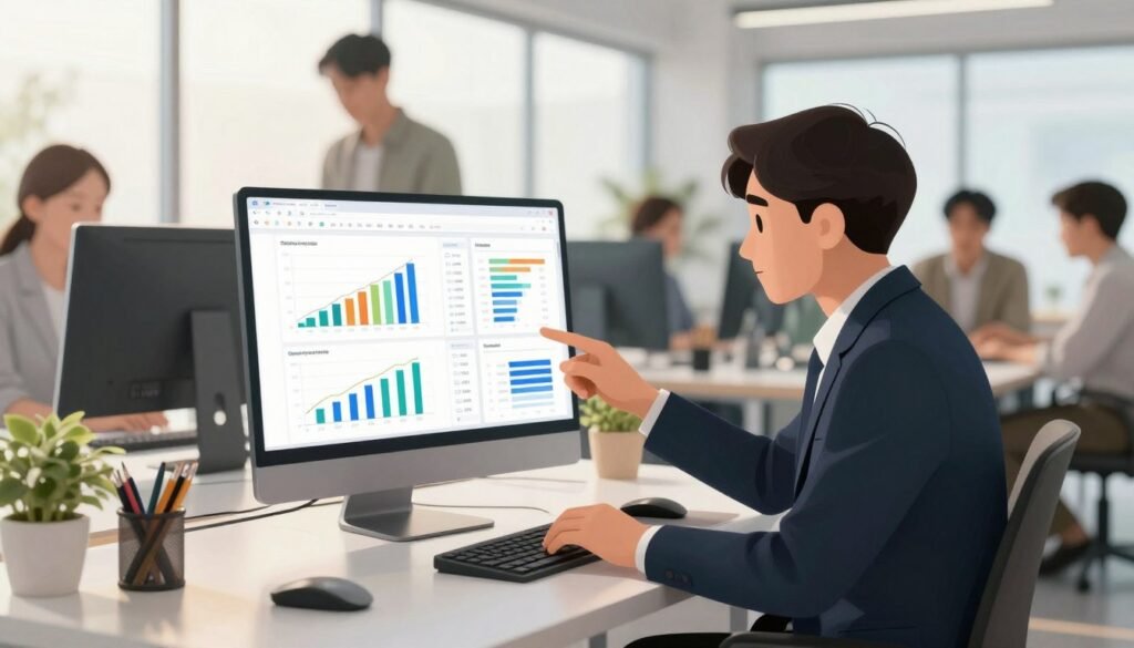 A modern, sleek workspace filled with focus. In the foreground, a professional wearing business attire is intently analyzing on-screen data, showcasing SEO analytics related to online store visibility. The midground features a large computer screen displaying vibrant graphs and metrics, indicating improved website traffic and search rankings. The background includes blurry silhouettes of busy team members engaged in discussions, fostering a collaborative atmosphere. Bright, natural lighting filters through large windows, casting a warm glow over the scene. The overall mood is one of determination and success, underlining the importance of choosing the right SEO partner. The image is crisp and well-composed, capturing a moment of strategic planning for eCommerce success. A modern, sleek workspace filled with focus. In the foreground, a professional wearing business attire is intently analyzing on-screen data, showcasing SEO analytics related to online store visibility. The midground features a large computer screen displaying vibrant graphs and metrics, indicating improved website traffic and search rankings. The background includes blurry silhouettes of busy team members engaged in discussions, fostering a collaborative atmosphere. Bright, natural lighting filters through large windows, casting a warm glow over the scene. The overall mood is one of determination and success, underlining the importance of choosing the right SEO partner. The image is crisp and well-composed, capturing a moment of strategic planning for eCommerce success.