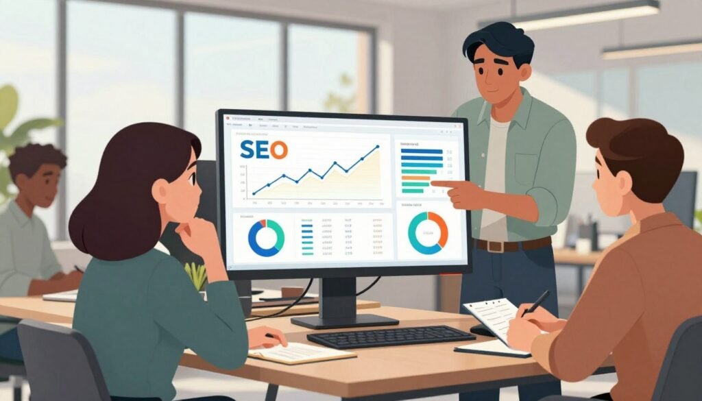 A vivid, professional workspace featuring a diverse group of three individuals analyzing SEO data on a large computer screen. In the foreground, a woman in business attire intently examines graphs and metrics, with a thoughtful expression. Beside her, a man in smart-casual wear points at a chart highlighting progress and areas for improvement, while another colleague takes notes. In the middle ground, a large monitor displays colorful SEO analytics and instant progress indicators, with elements like line graphs, pie charts, and numerical data visible. The background shows a modern office environment with natural light streaming through large windows, creating an atmosphere of collaboration and focus. The overall mood is dynamic and productive, illustrating the theme of measuring and enhancing SEO performance effectively.